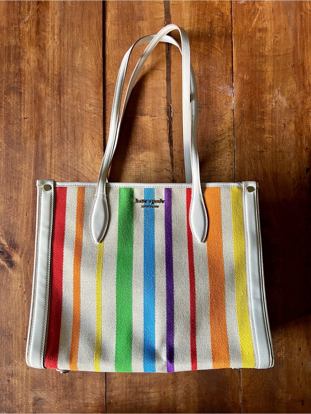 Kate Spade Pride Medium Market Tote Rainbow Stripe Canvas Bag - Rare
